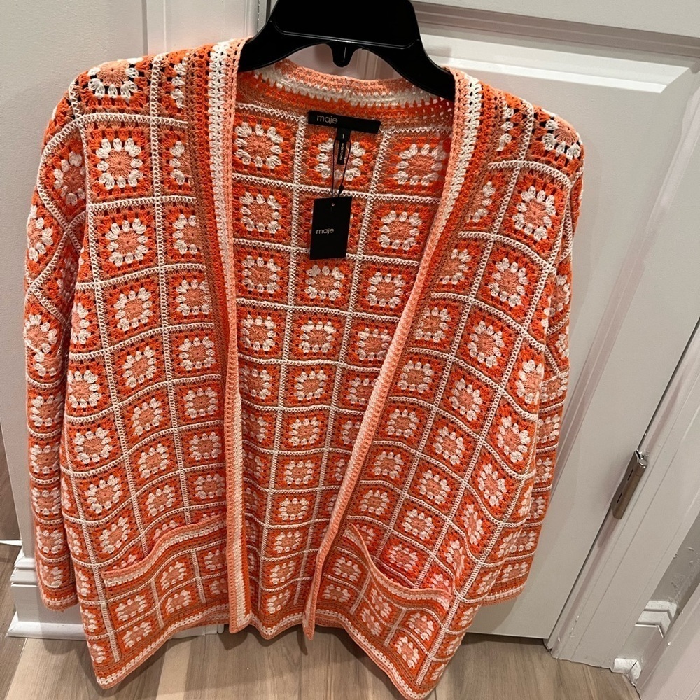 NWT MAJE Mathiou Crocheted Cotton Cardigan Sweater Orange S - Picture 7 of 9